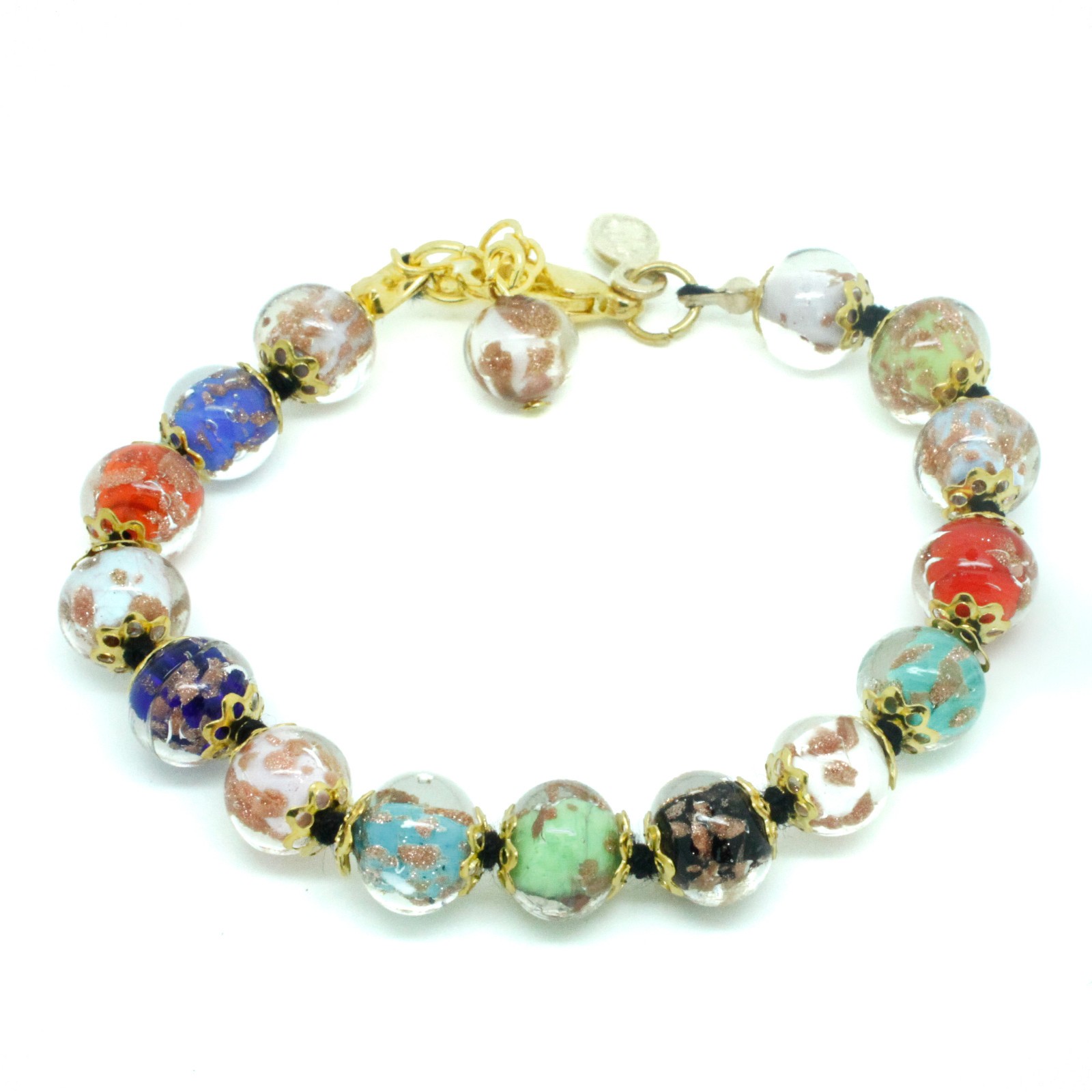 Murano Glass Bracelet Multi Coloured Bronze Gold Handmade 15 Sommerso Beads