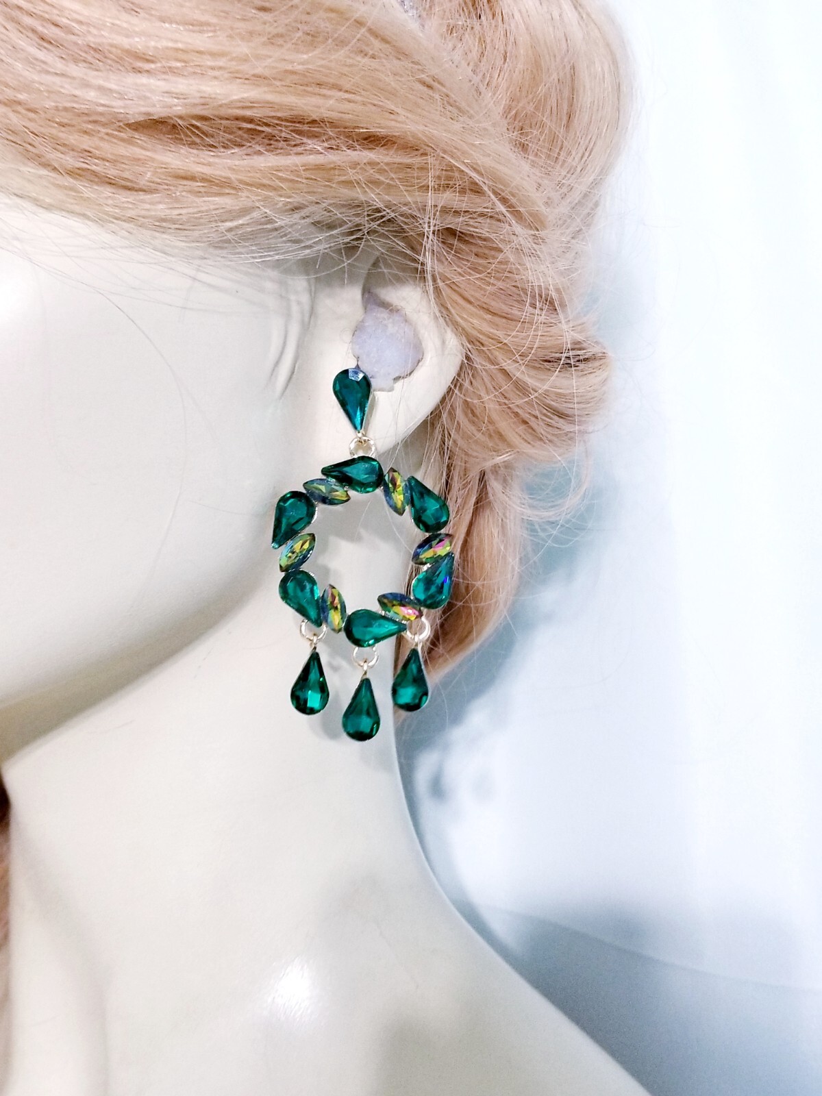 Chandelier Rhinestone Crystal Pageant Bridal Earrings Green Drop Dangle 3 Inch