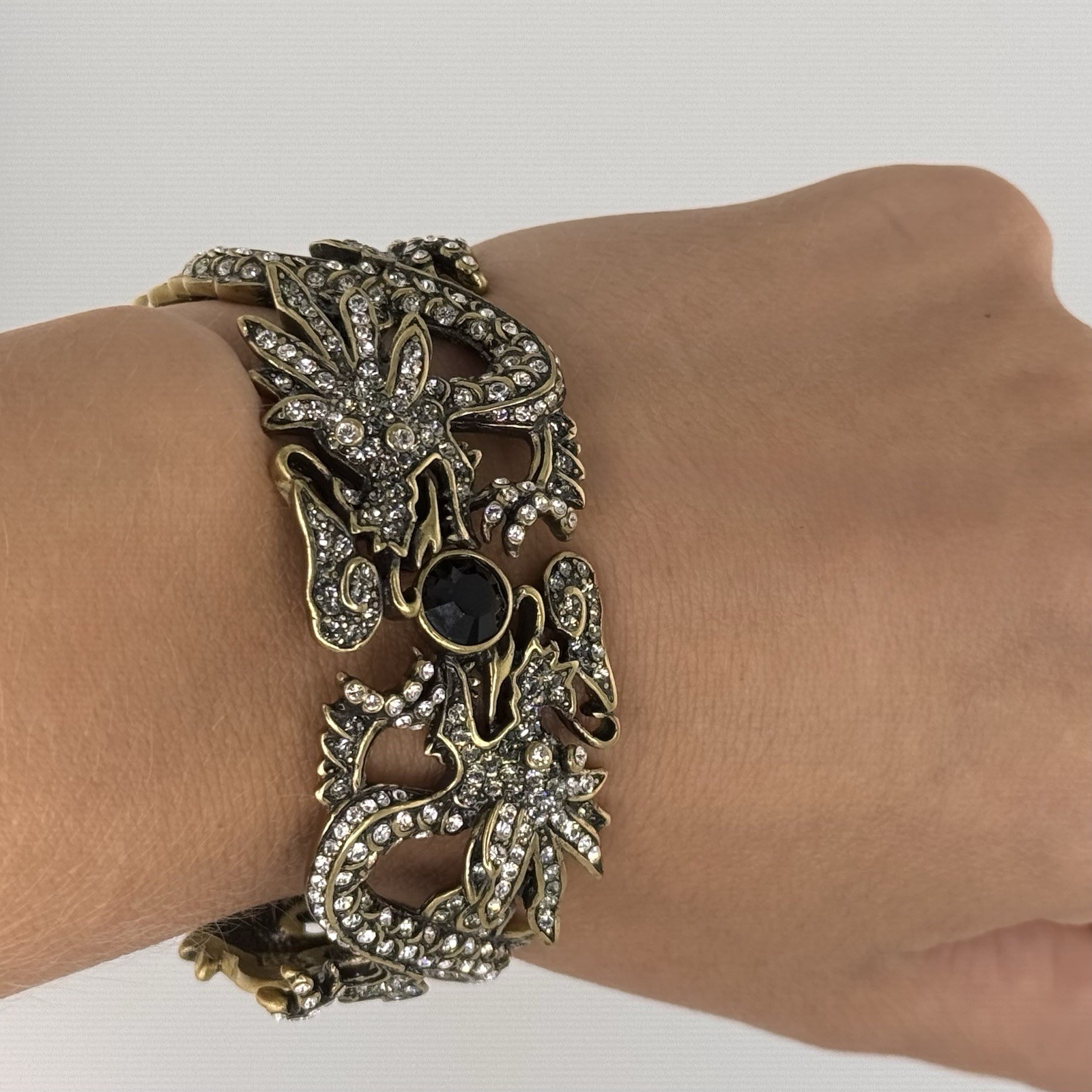 Rare Dragons Heidi Daus Signed Hinge Cuff Bracelet w/ White+Black Swarovski Gems