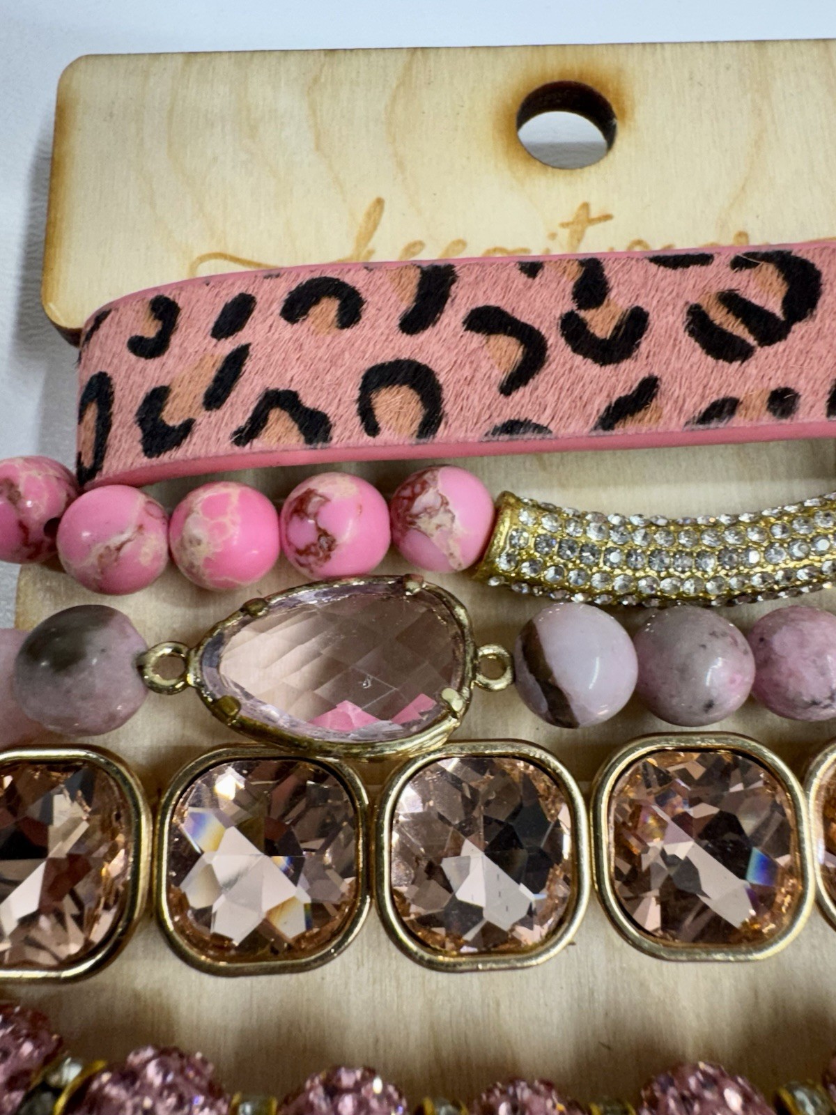 SANDRA LING UPCYCLED BRACELET STACK ACRYLIC AND GLASS LEATHER GOLD TONE PINK