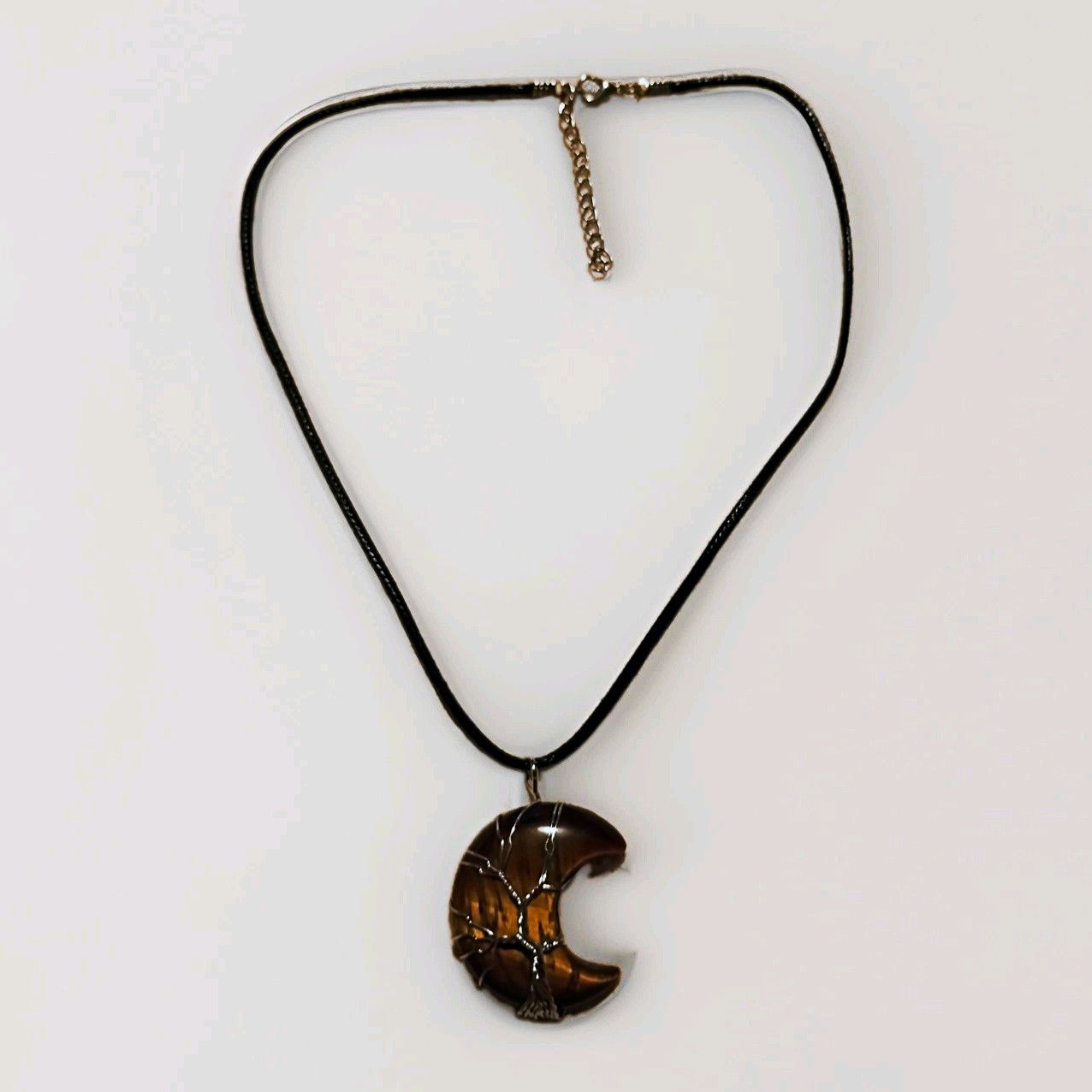 Tiger’s Eye Tree of Life Crescent Moon Pendant Necklace Black Cord