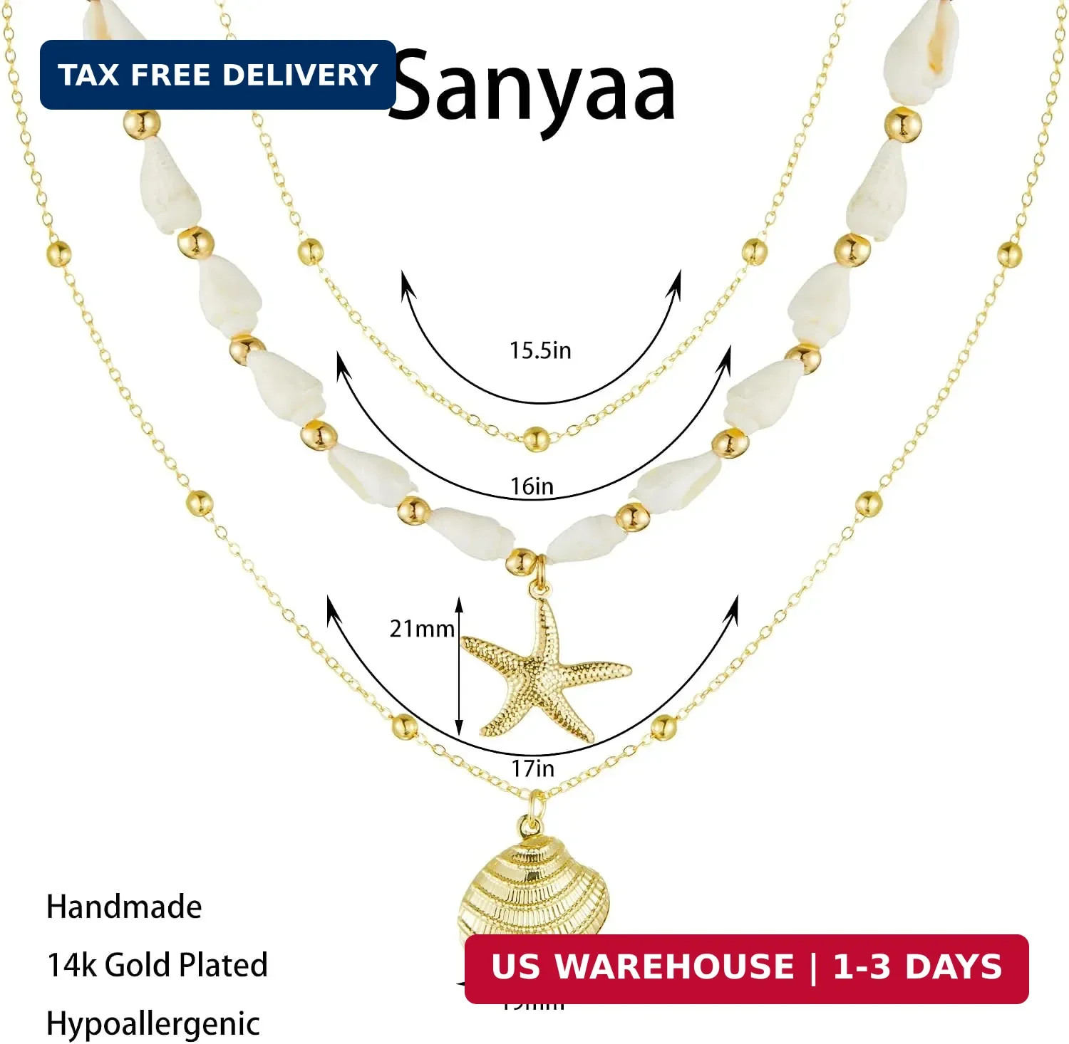Seashell Starfish Necklace for Women Conch Shell Summer Pearl Beach 14k Gold Lay