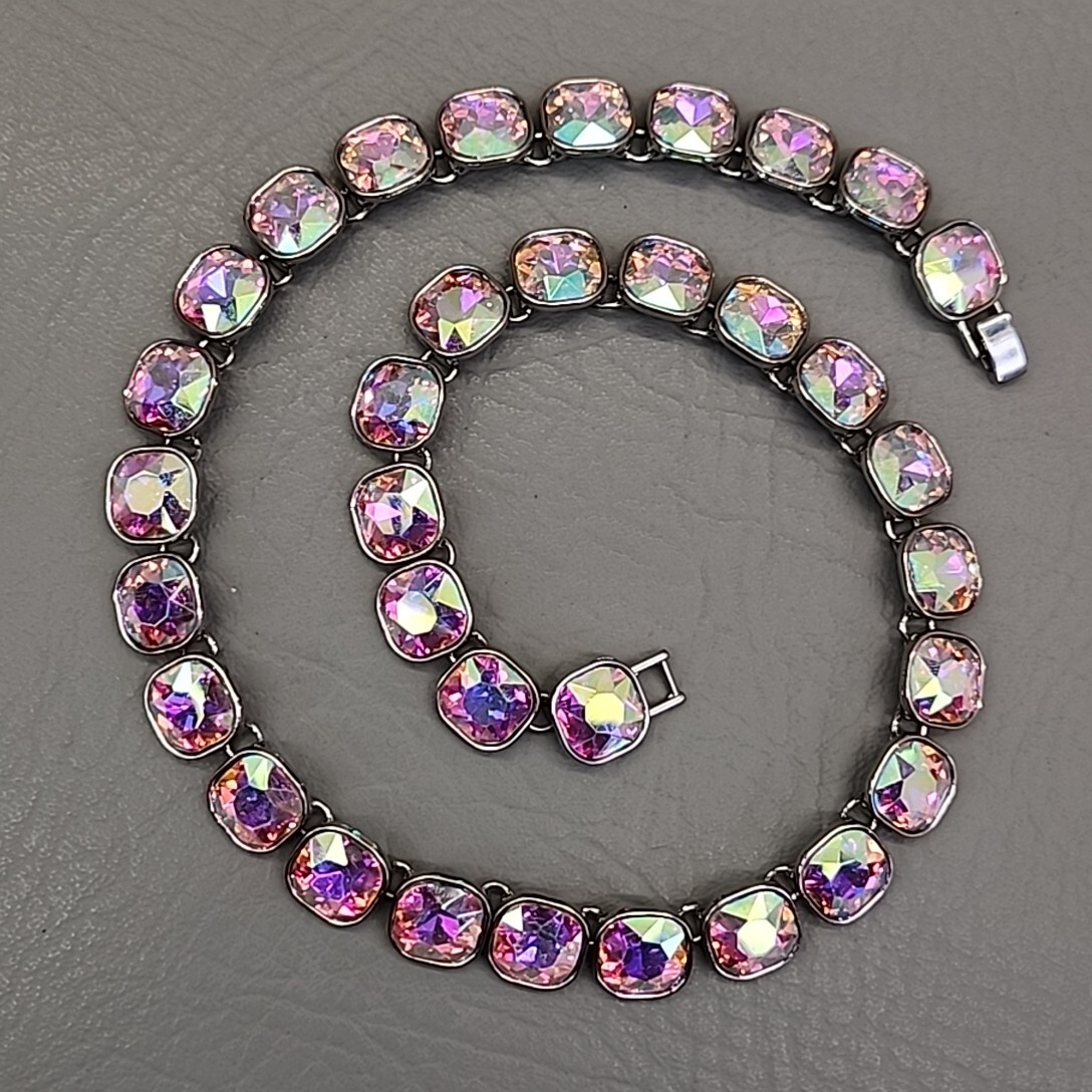Glass Beaded Necklace Aurora Borealis Rounded Square Links JTV 19.5″