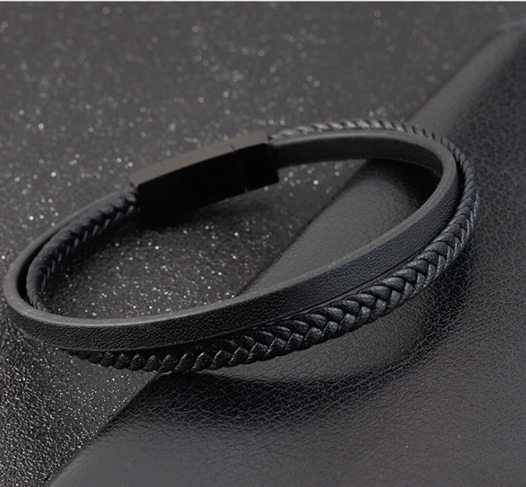 Men’s Women Black Braided 2 Bands Genuine Leather Bracelet Magnetic Bangle 8.2″