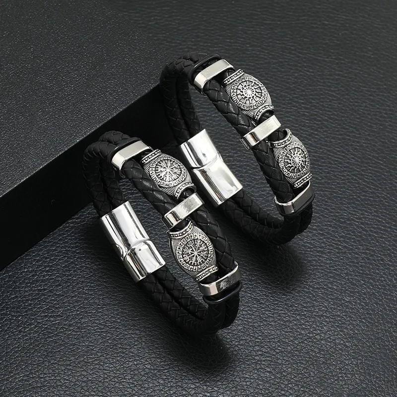 Men’s Black Leather Bracelet Multilayer Braided Rope Scripture Sun Vintage