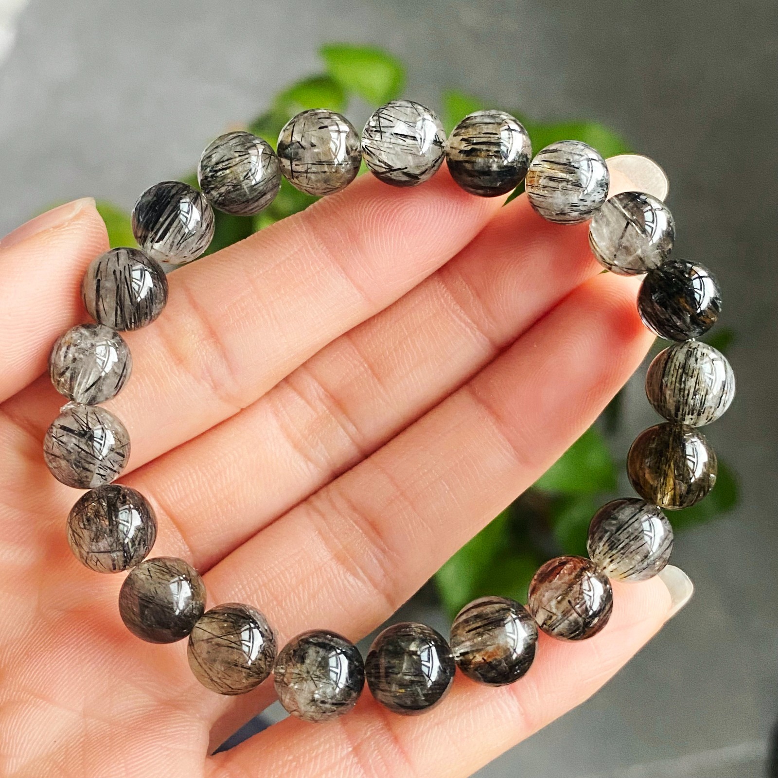 9.3mm Natural Black Rutilated Quartz Crystal Beads Bracelet 2983