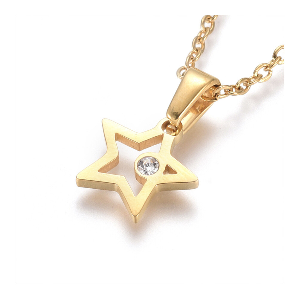 Stainless Steel Pendant Necklace Zirconia Chain Lobster Star Gold 17.5″ A222