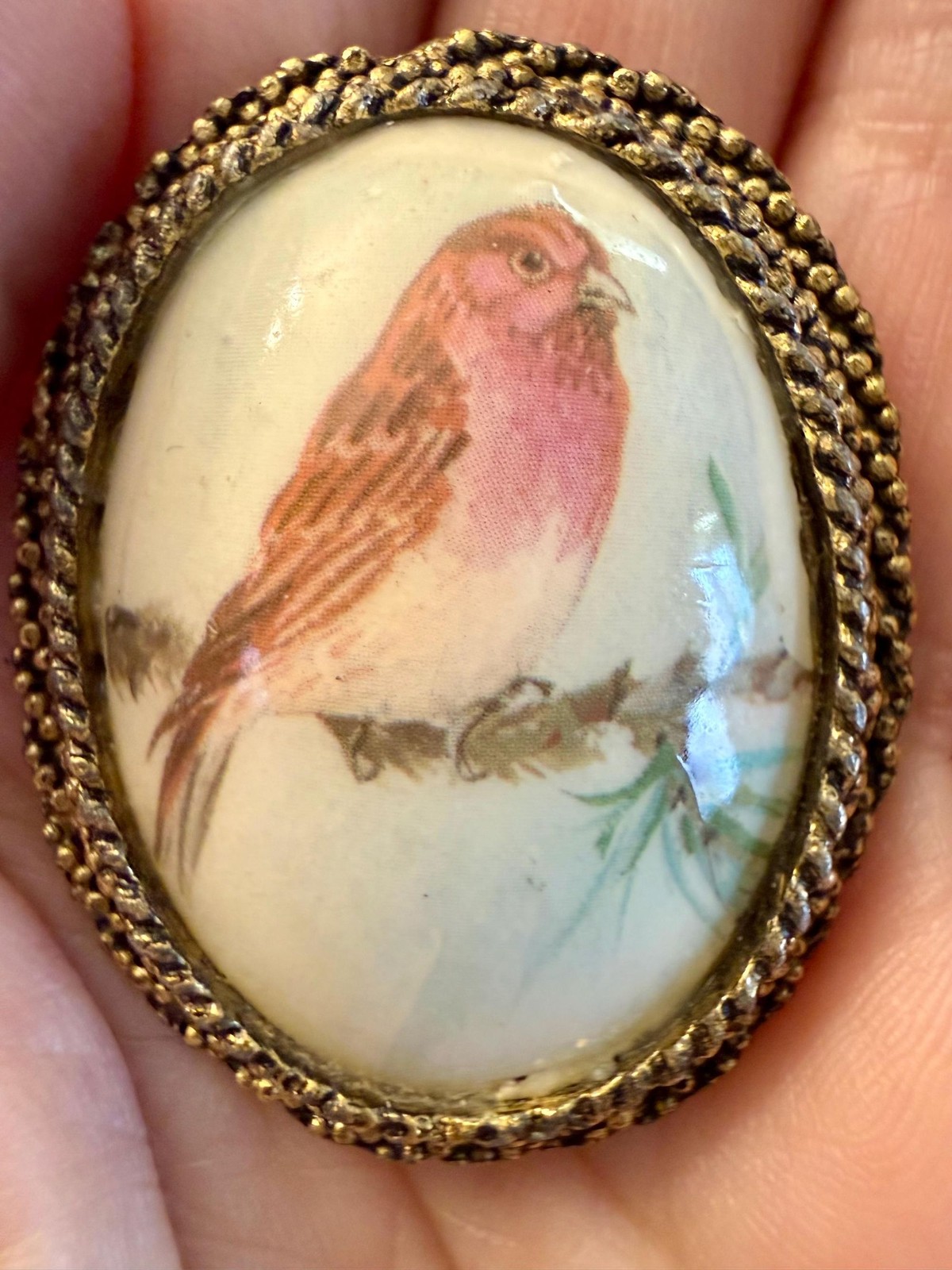 Vintage Victorian Revival Bird Brooch Pendant – 1960s Gold Tone Pink Songbird Tr