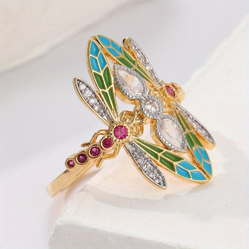 Vintage Dragonfly Ring Blue Cubic Zirconia Gothic Adjustable Statement Ring Gift