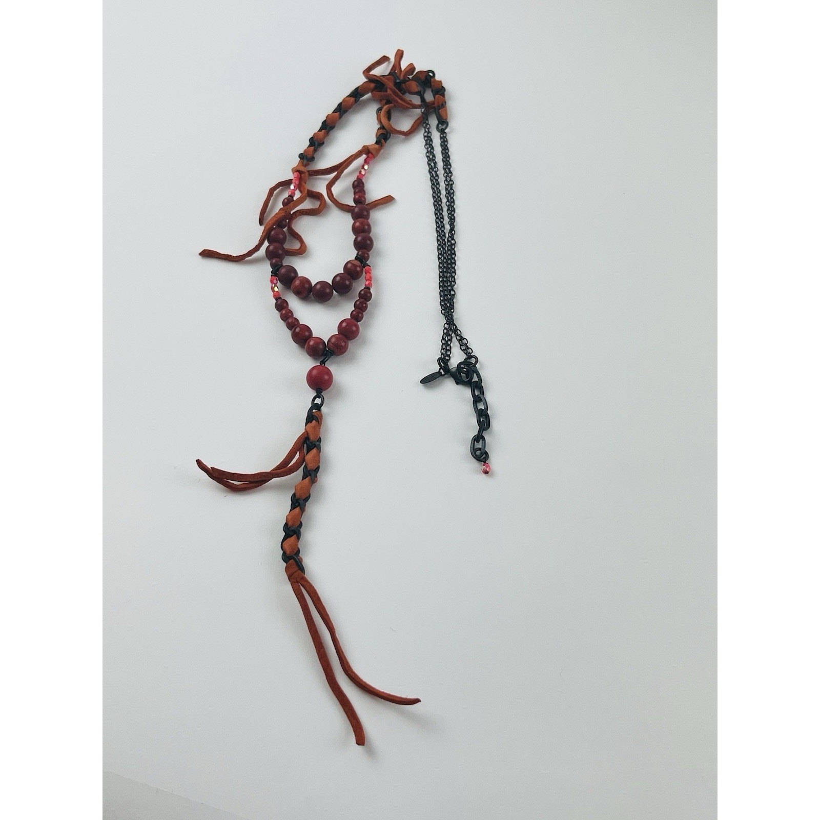 Annie Costello Brown necklace Orange Suede Leather Beaded Twisted Lariat Y Drop