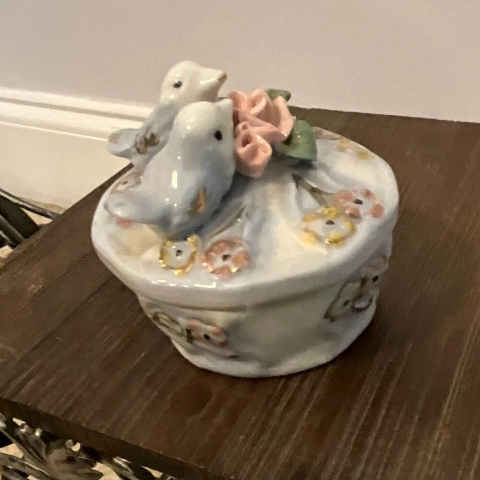 Vintage Ceramic Trinket Box with Lovebirds & Flowers