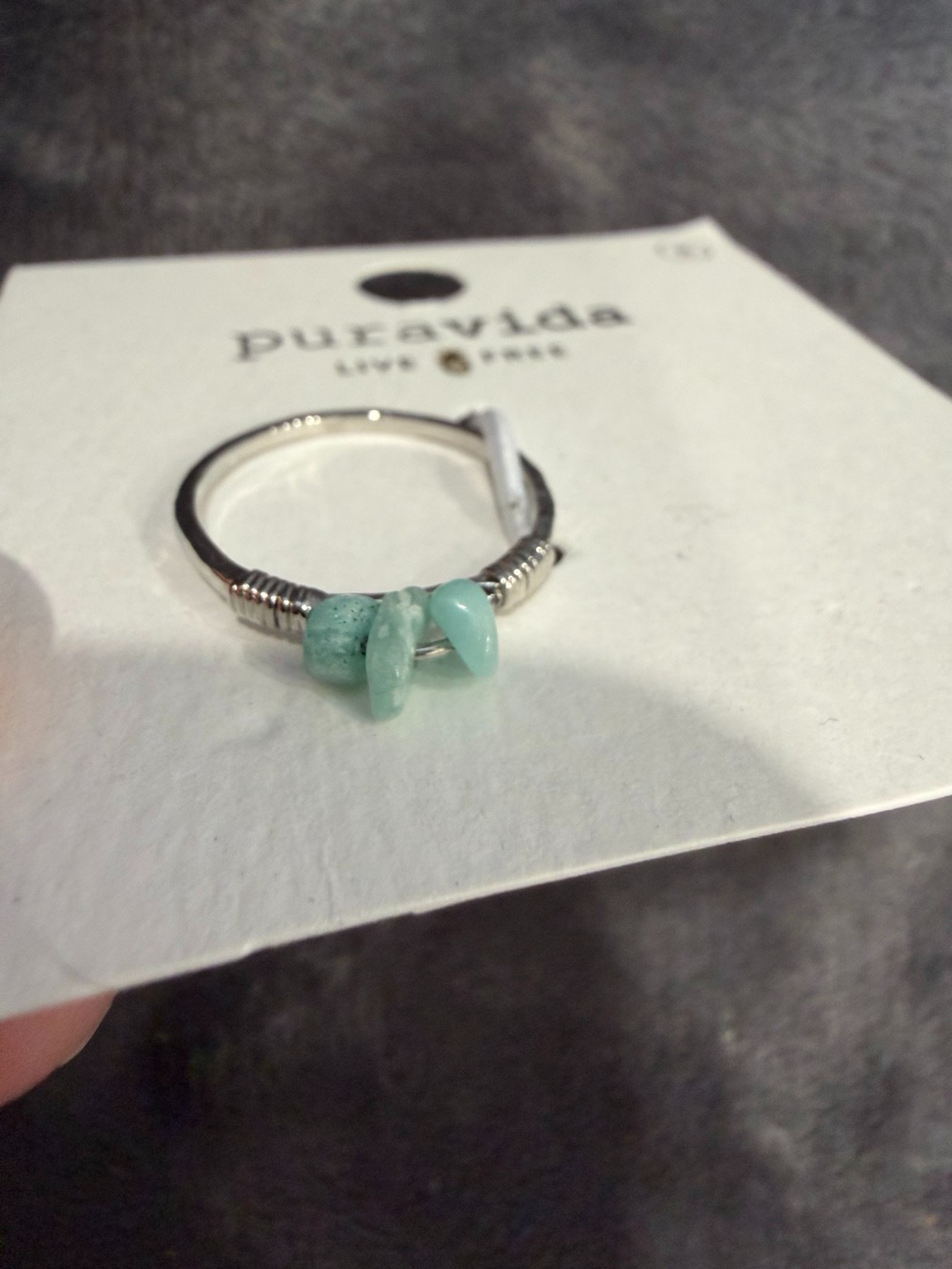 Pura Vida Amazonite Wire Wrapped Gemstone Ring Size 8 Rhodium Plated NWT