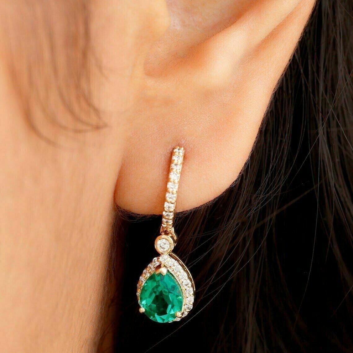 2Ct Pear Cut Simulated Emerald Halo Drop Clip On Earring 14K Yellow Gold Plated