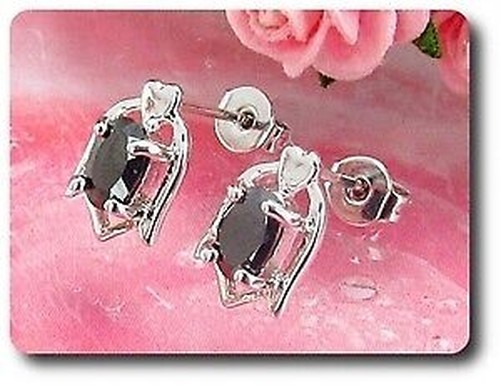 BLACK SAPPHIRE EARRINGS 2x7mm 18K white gold plated