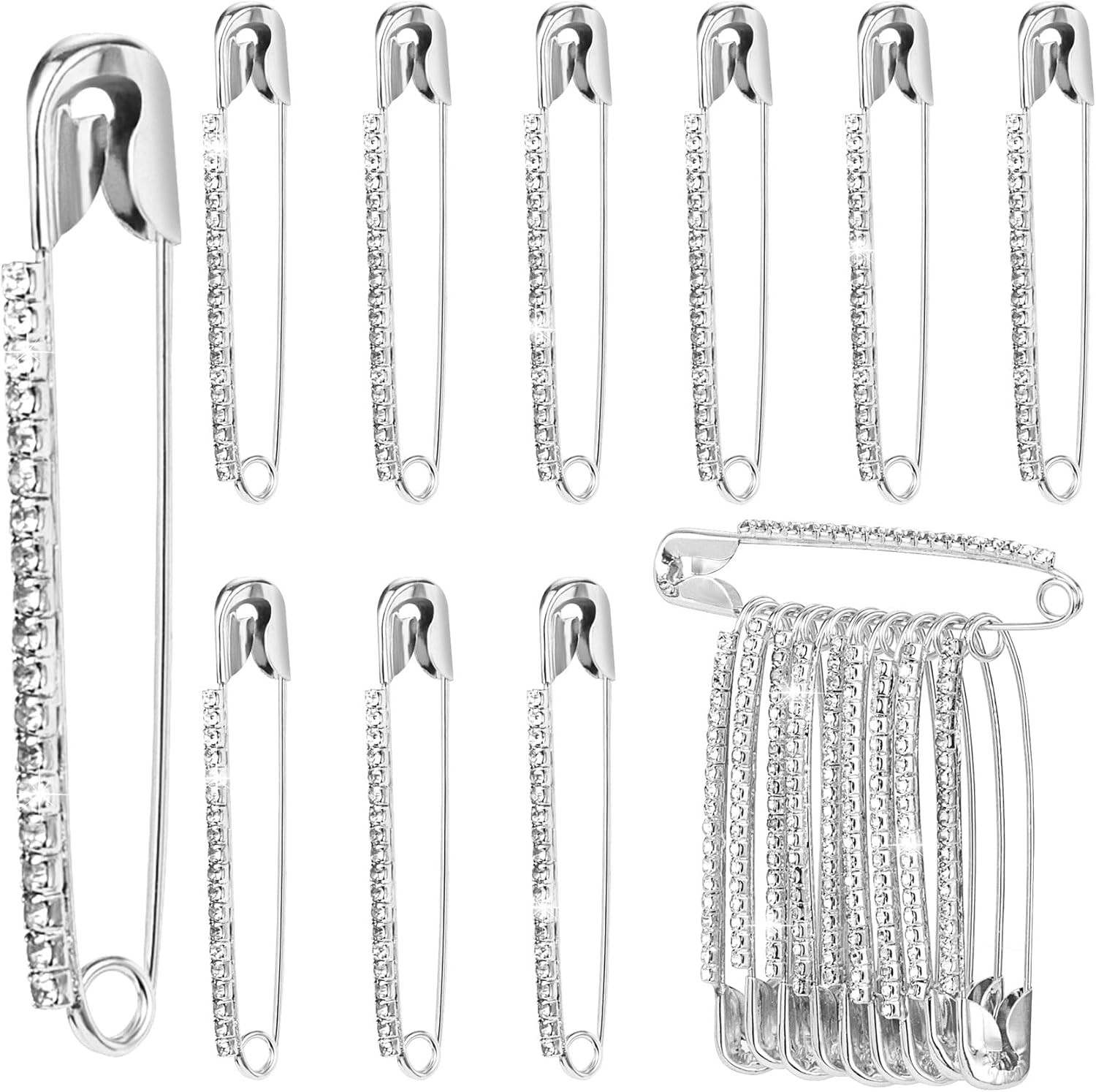 10Pcs Rhinestone Safety Pins, Silver Plated Crystal Brooch Pins, Women Safety Pi