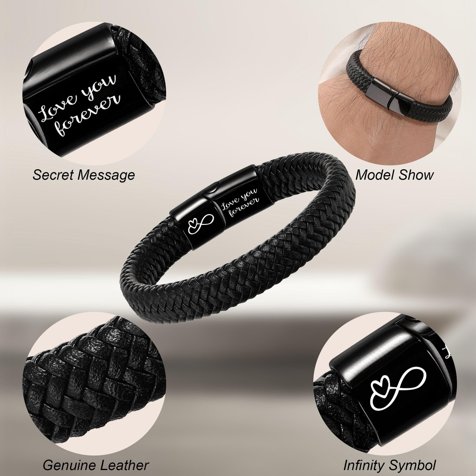 Mens Leather Bracelet I Love You Gifts for Him Men 9 inch To my husband