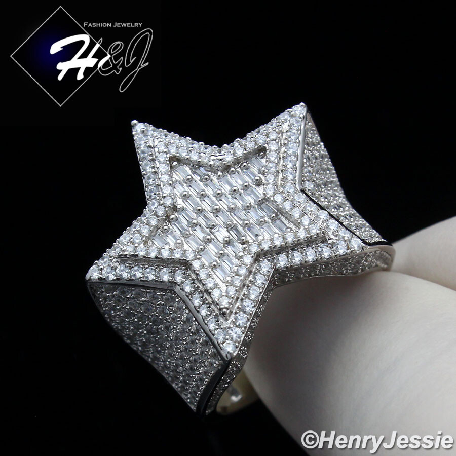 MEN SOLID 925 STERLING SILVER ICY BLING BAGUETTE CZ 3D DOUBLE STAR RING*SR179