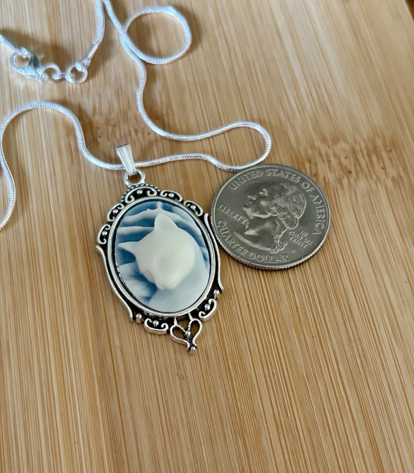 Cat Cameo Necklace Vtg Victorian Style Pendant Cream/Blue, Sterling Silver Chain