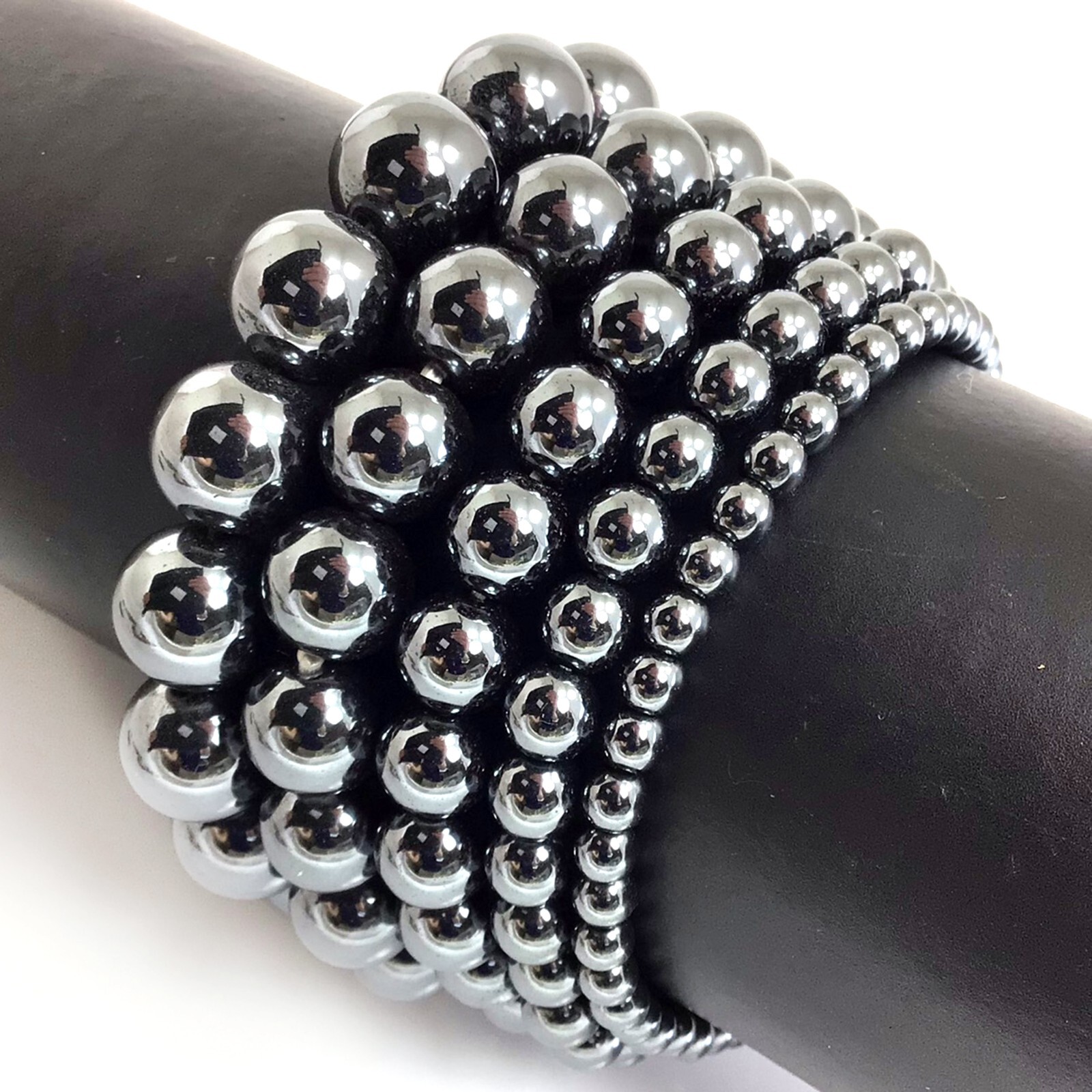 MAGNETIC Hematite Bracelet Round Beaded 7.5″ Handmade Stretch 4mm 6mm 8mm