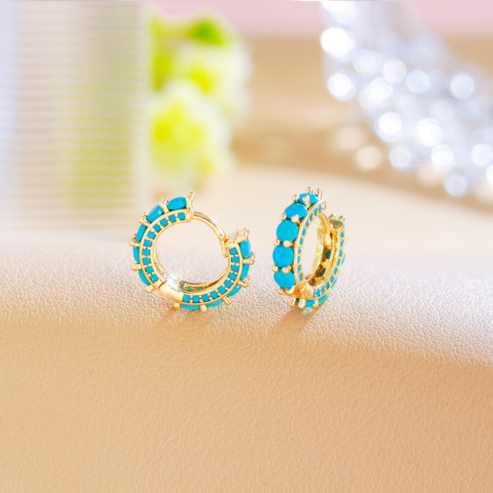Cute Pave Setting Turquoise Blue Small Round Hoop Earrings Gold Plated Jewelry