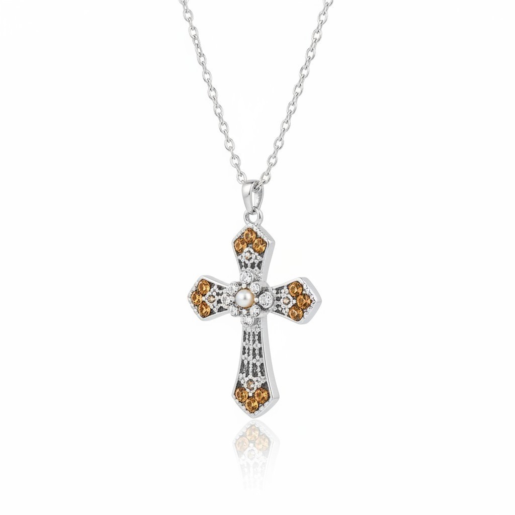 Silver Plated Cross Charm Pendant Necklace Cable Chain Pearl Crystal 19-24in