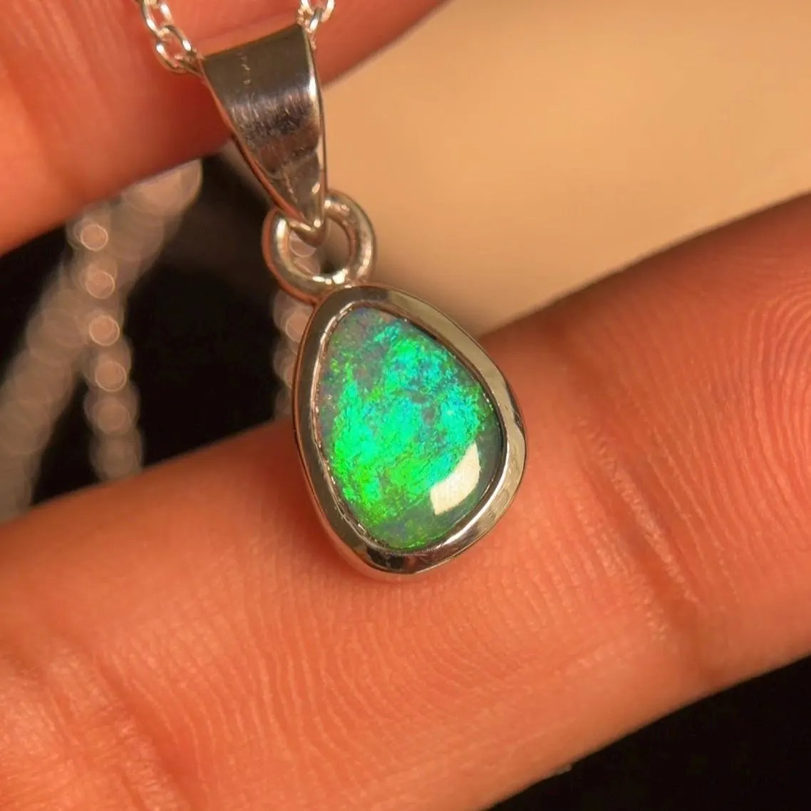 Natural Green Fire Australian Opal Pendant, Solid 925 Sterling Silver Necklace