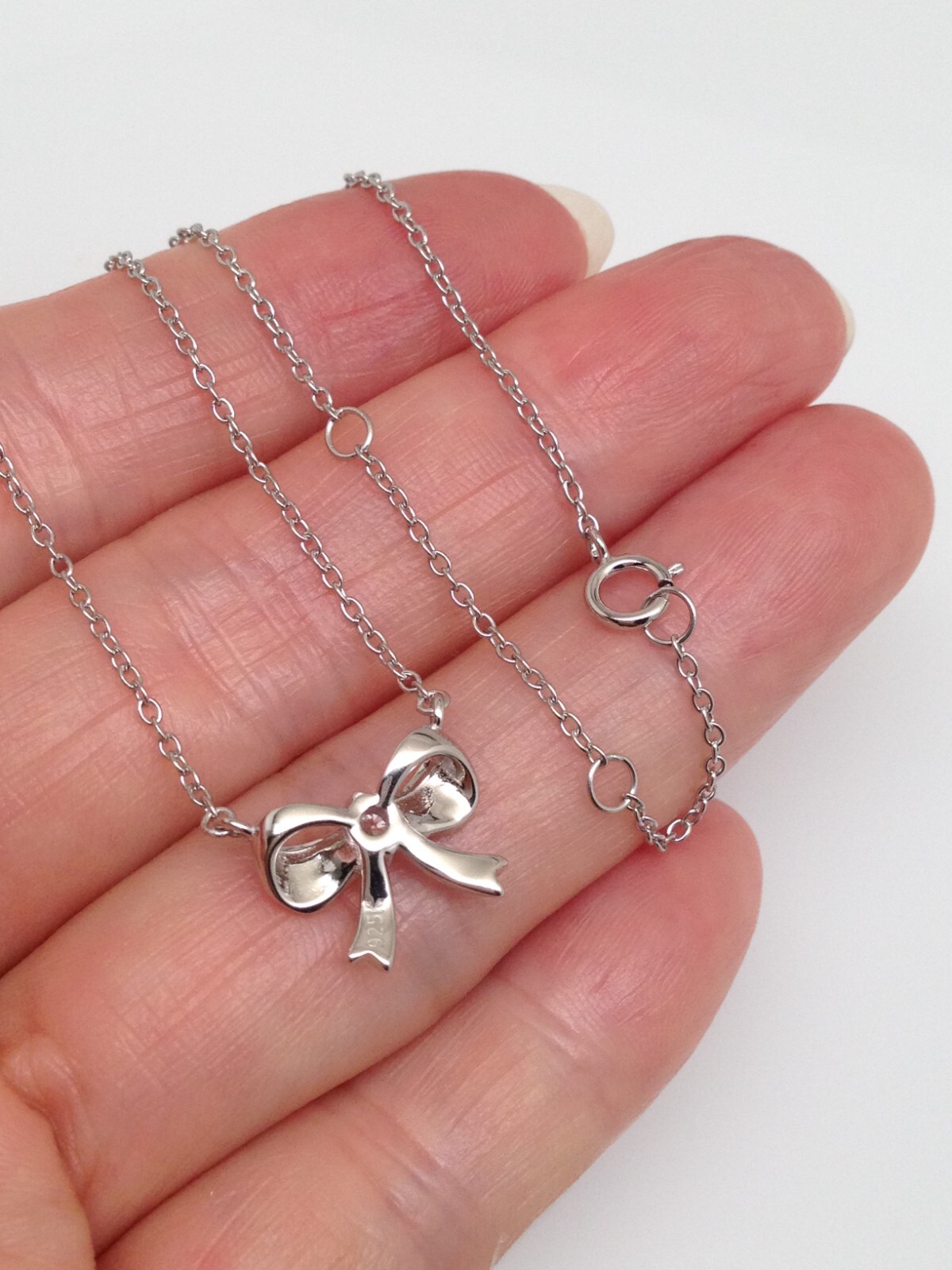 Silver Bow Pendant Necklace Sterling Silver 925 CZ Tiny 12mm 15.25-17.25″