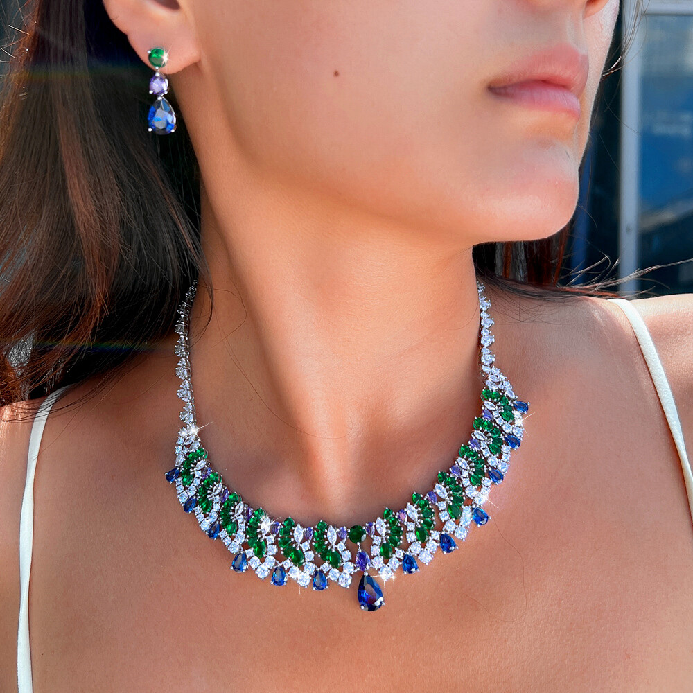 Women Blue Drop Multicolor Necklace Earrings Silver Plated CZ Bridal Jewelry Set