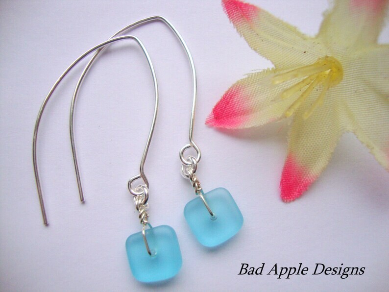 Flat, Forward-Facing, Dainty Frosted Sea Glass Silver Marquise Earrings, Jewelry