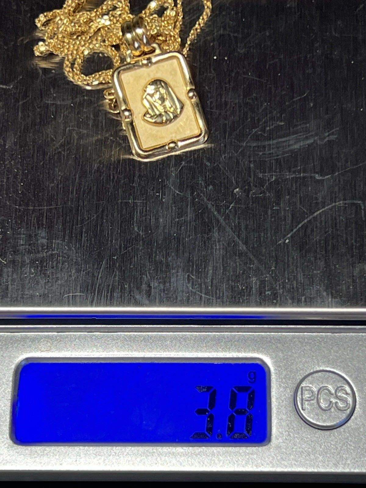 18k Gold Religious Rectangle Charm Pendant Necklace Spring Ring size 18”