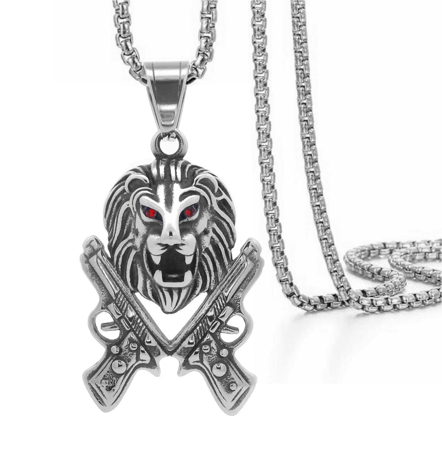 Tioneer Lion Hip Hop Lion Two Guns Steel Pendant 24 inch Box Chain