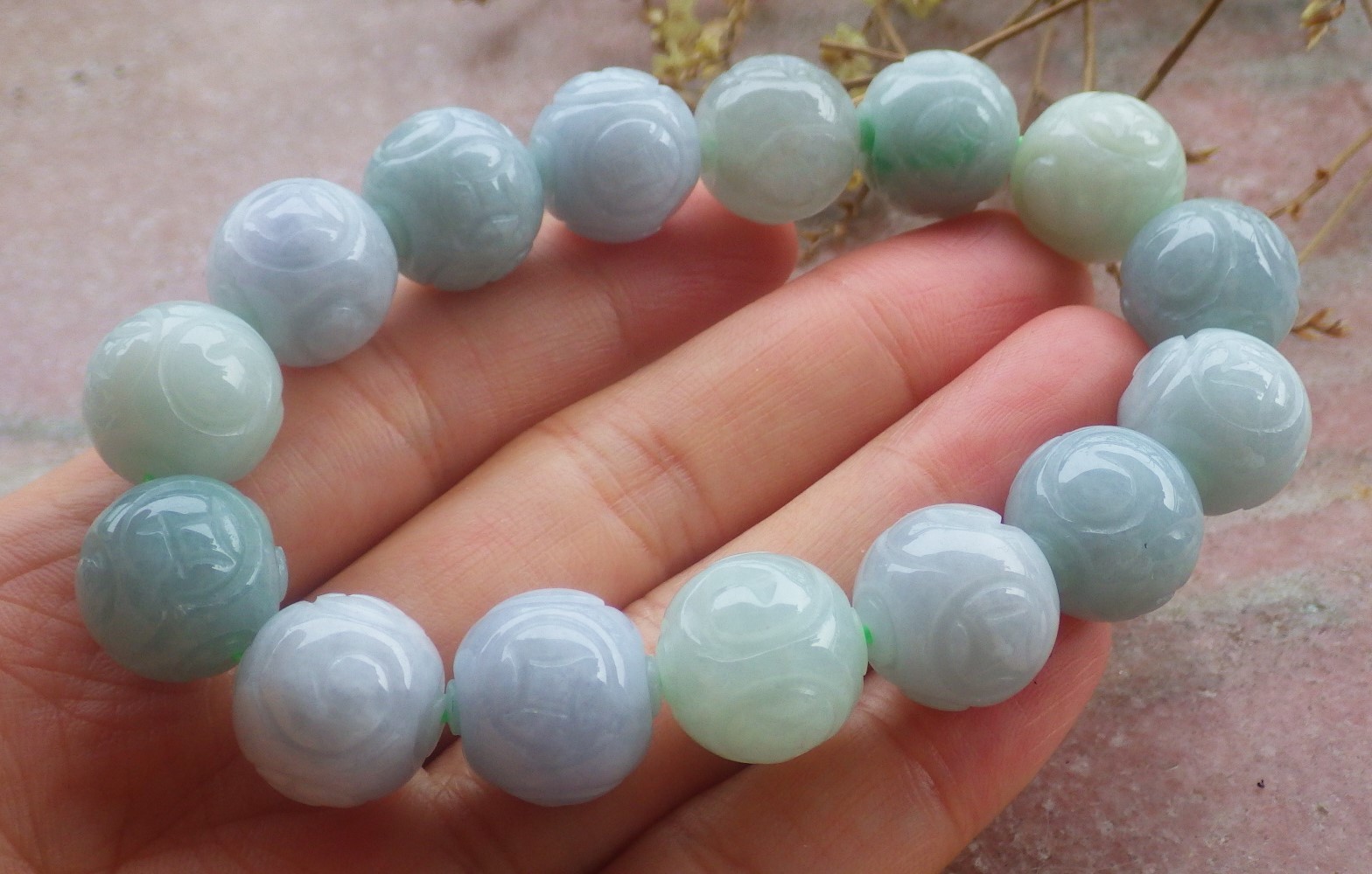 1 pcs Burma A Green jade jadeite bead Ruyi Flower bracelet Bangle 14mm 131109