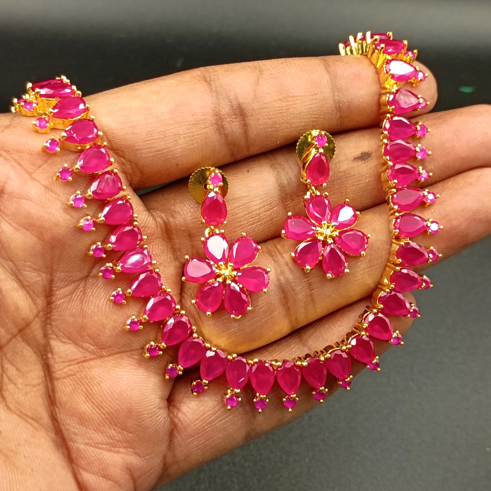 Vintage Ruby Necklace Set 22K Gold Plated Boho Bridal Anniversary Birthstone Gif