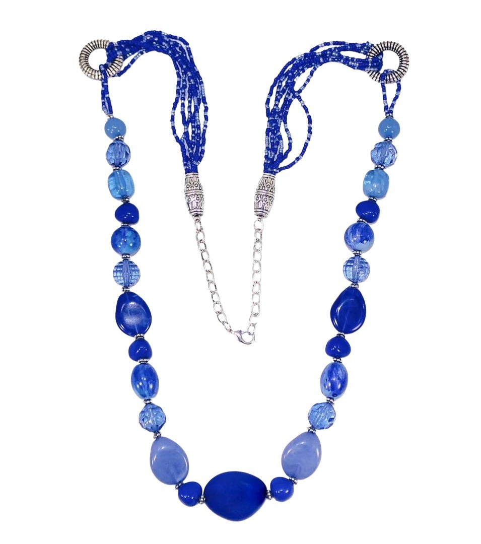 Long Light Blue Boho Bead Necklace Statement Jewelry w/seed beads 37.5” New