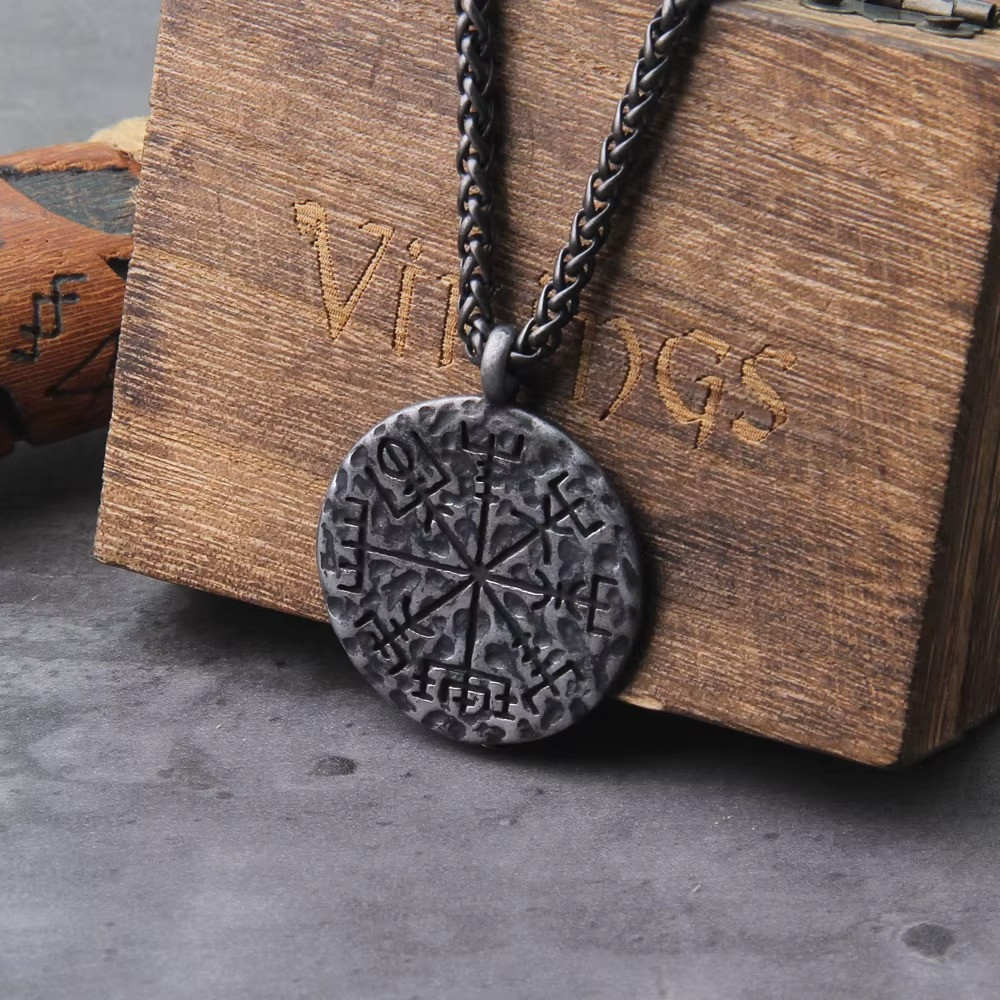 Viking Vegvisir Rune Pendant Necklace Stainless Steel Norse Compass Amulet
