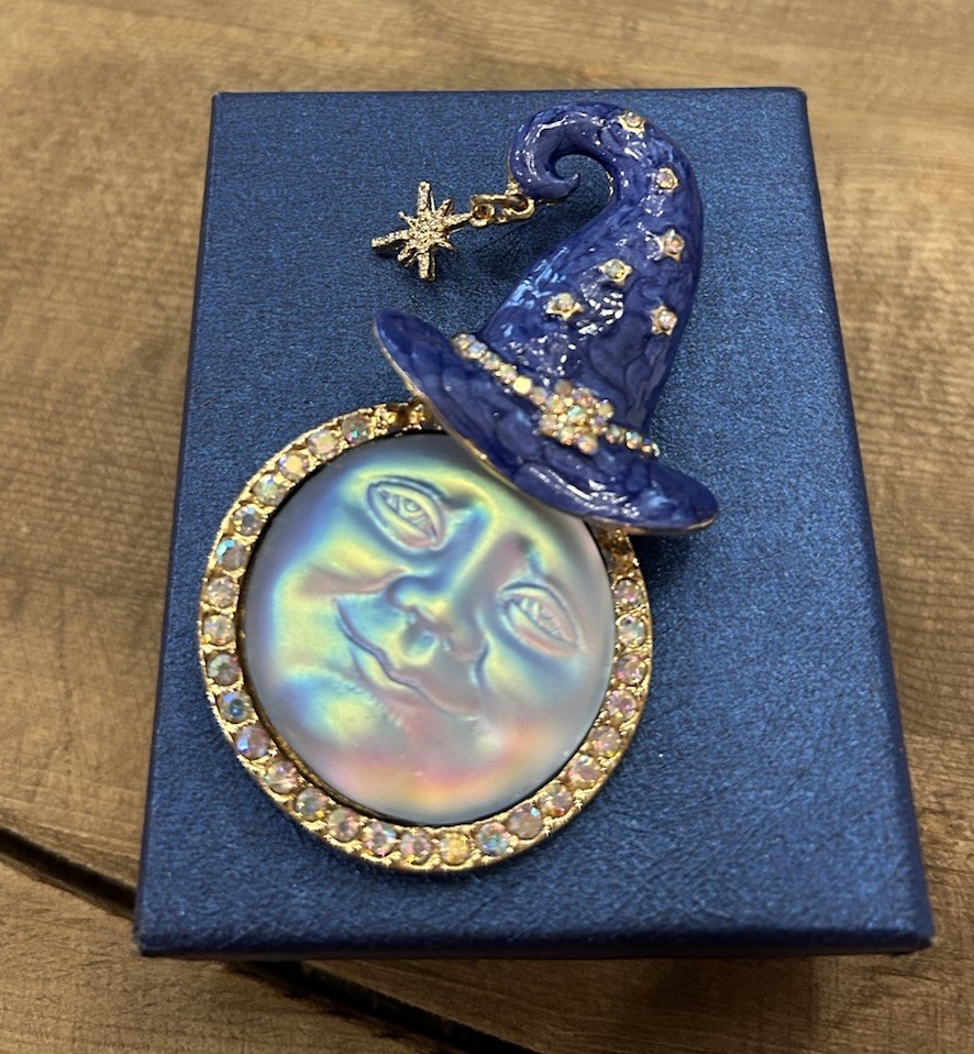 Mystical Iridescent Blue MOON FACE Brooch/Pendant w/Hat AB Crystals, Star Charm