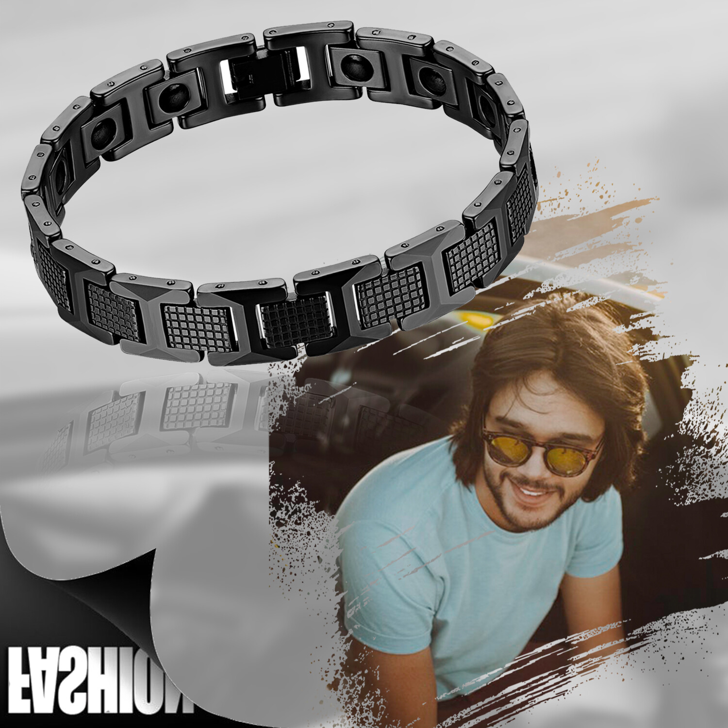 Mens Luxury Black Tungsten Carbide Bracelet Magnetic Stone Link Wrist 8.2″
