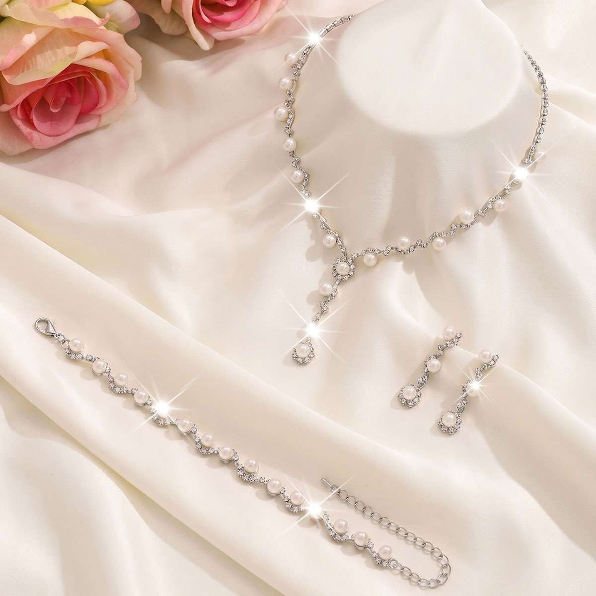 4pcs/set Women Pearl Earrings Necklace Bracelet Wedding & Evening Dress Jewelry