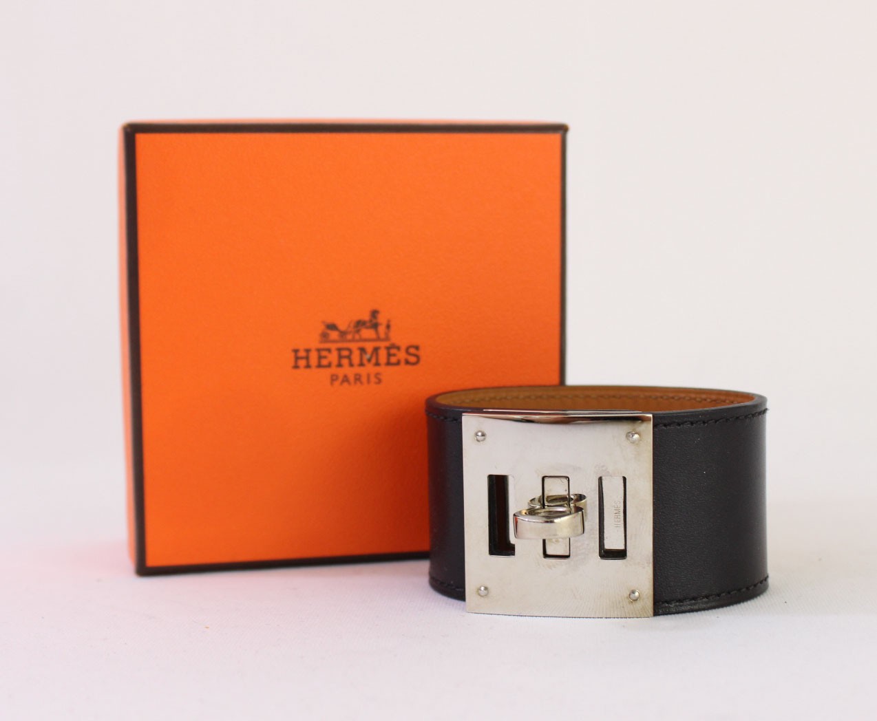 Hermes Auth Black Swift Leather Kelly Dog Cuff Bracelet Palladium Hardware