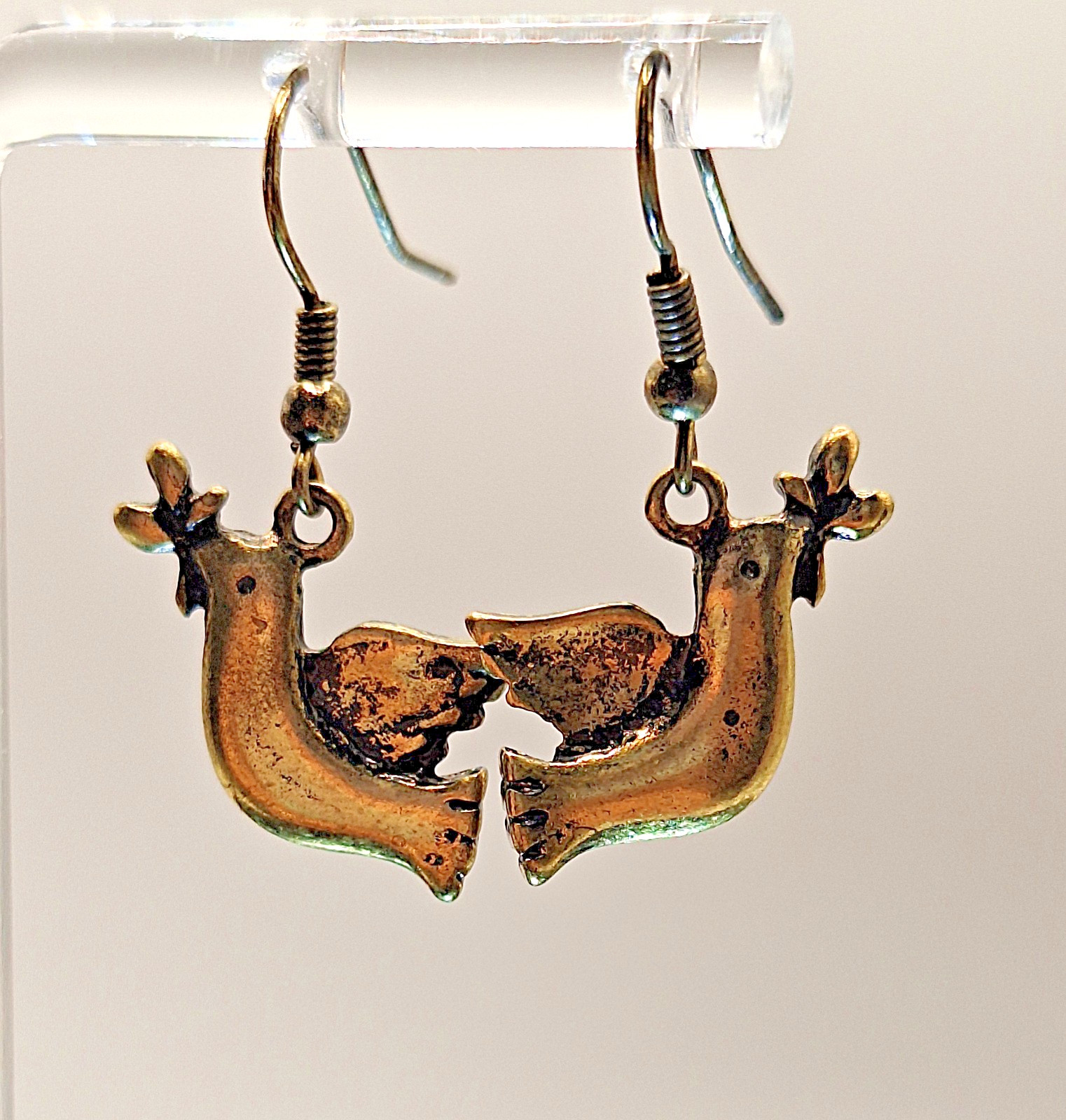 Small Dangle Drop Bronze (and Patina) Bird w Olive Branch Earrings Unsigned