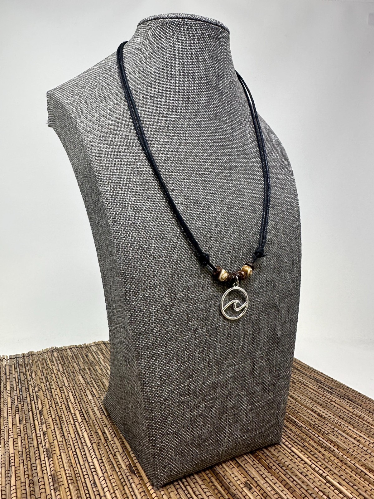 Handmade Wave Pendant Necklace – Adjustable 16–30” Black Cord – Silver Tone Wave