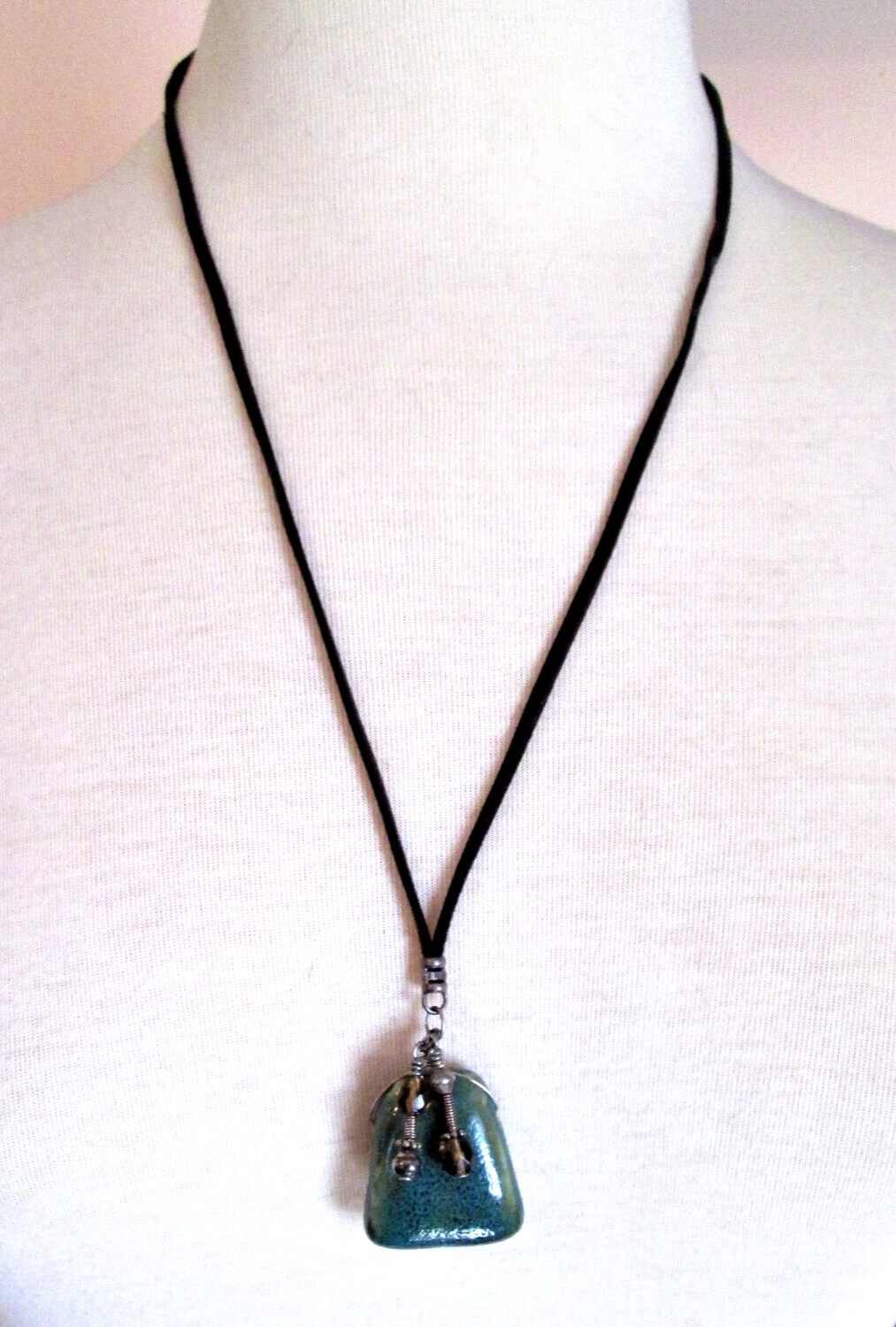 Boho Unisex Necklace Bolo Pendant Glazed Ceramic Leather Cord with Dangle Beads