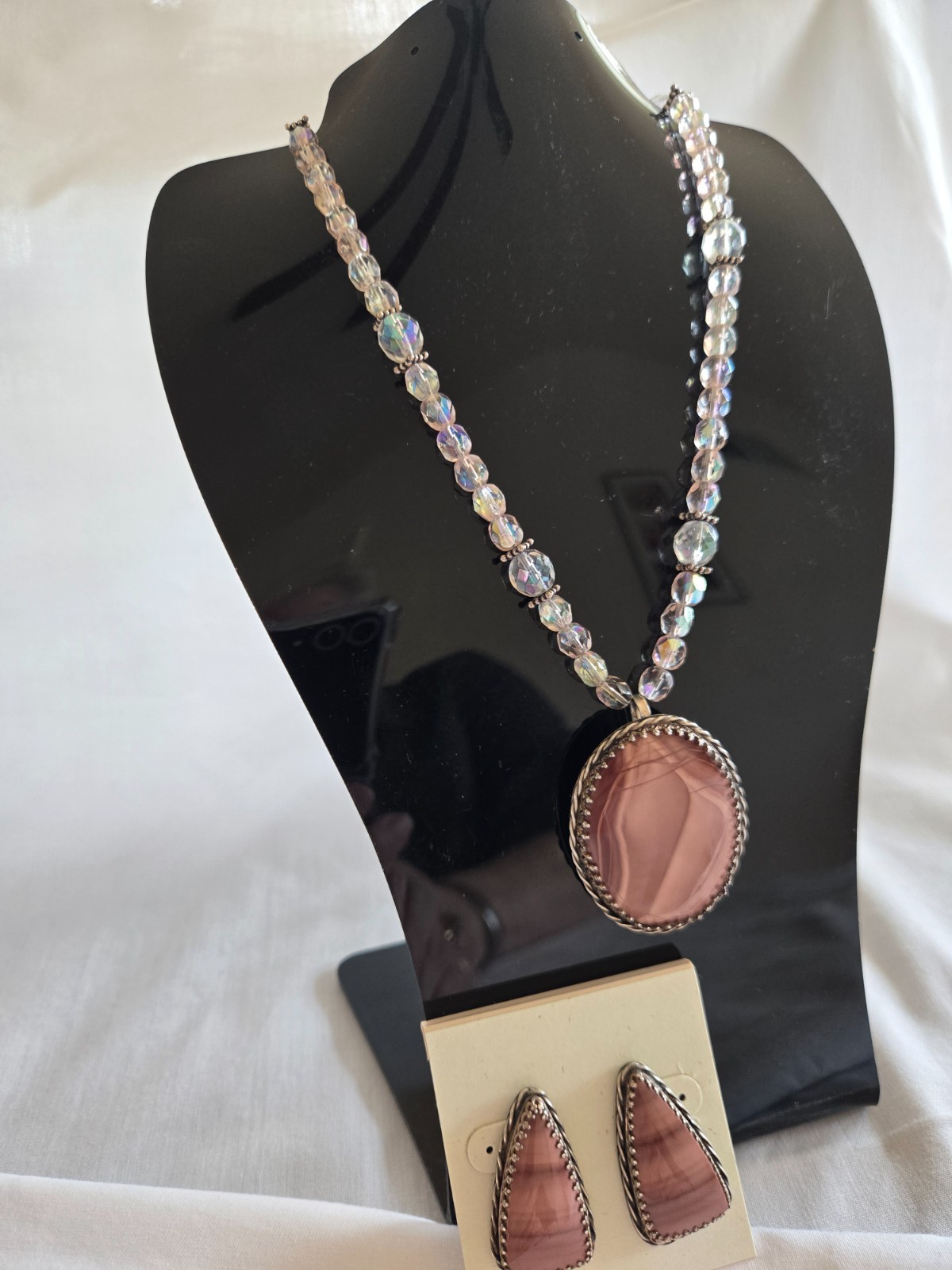 Handmade Imperial Jasper pendant and earrings with crystal and silver accents