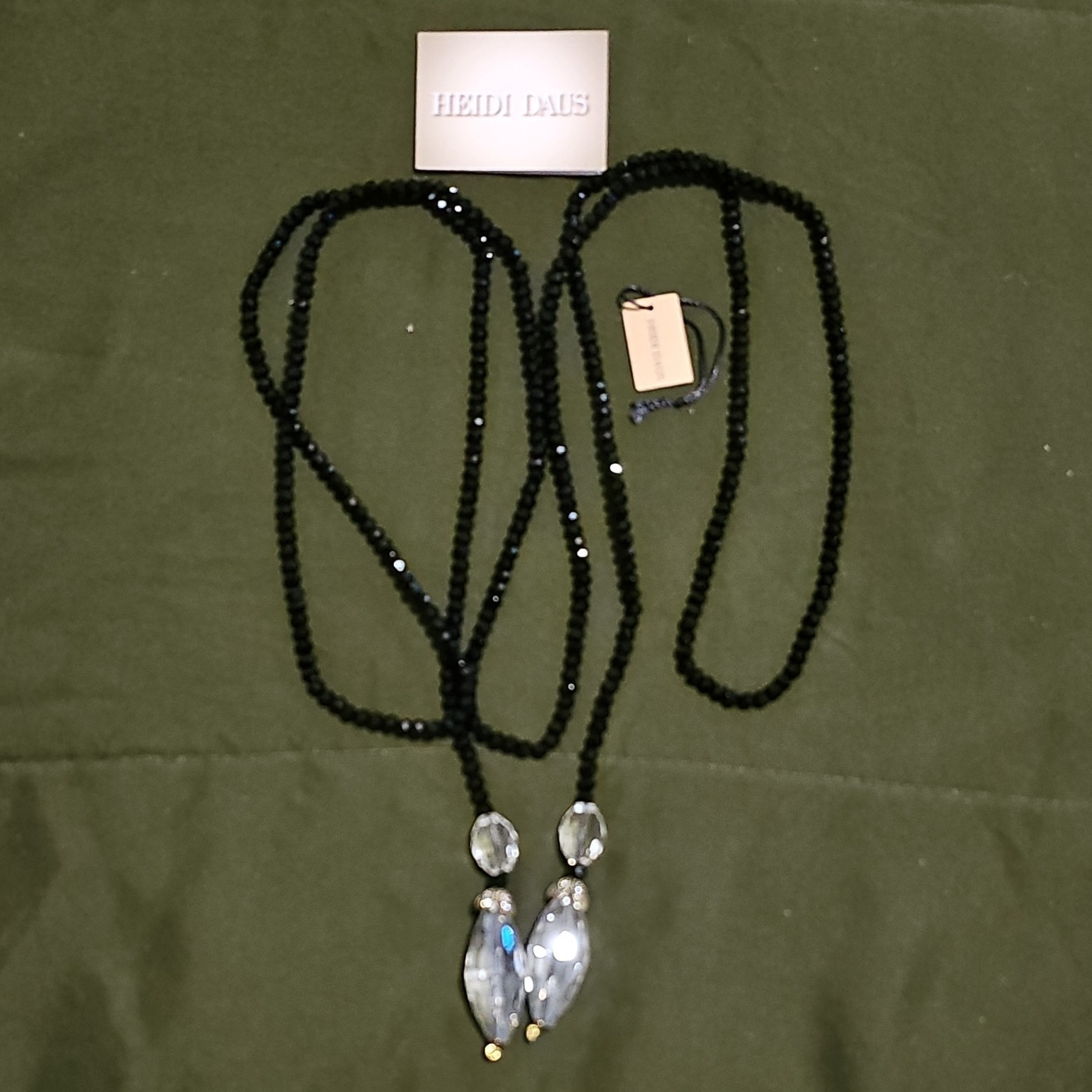 Heidi Daus Gold Tone Black Beaded Chain Lariat Adjustable Tie Teardrop Crystal