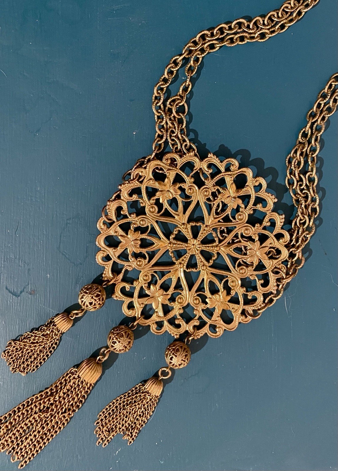 Unique Gold Tone Filigree Medallion Pendant Necklace w Tassel Fringe Boho 24”