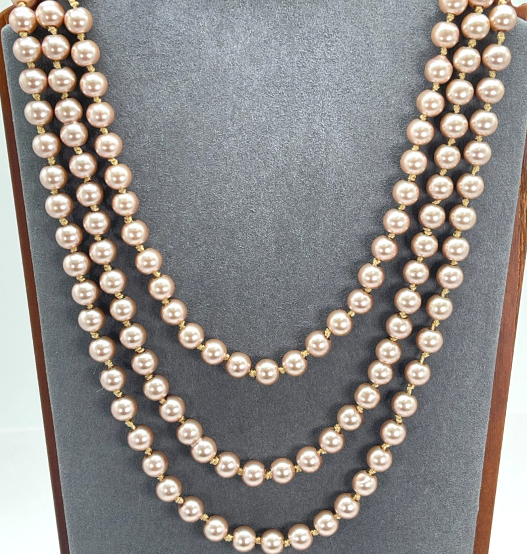 Necklace 36 Inch Luscious Tan 6 mm Pearls, Retro Style Length For Varied Looks