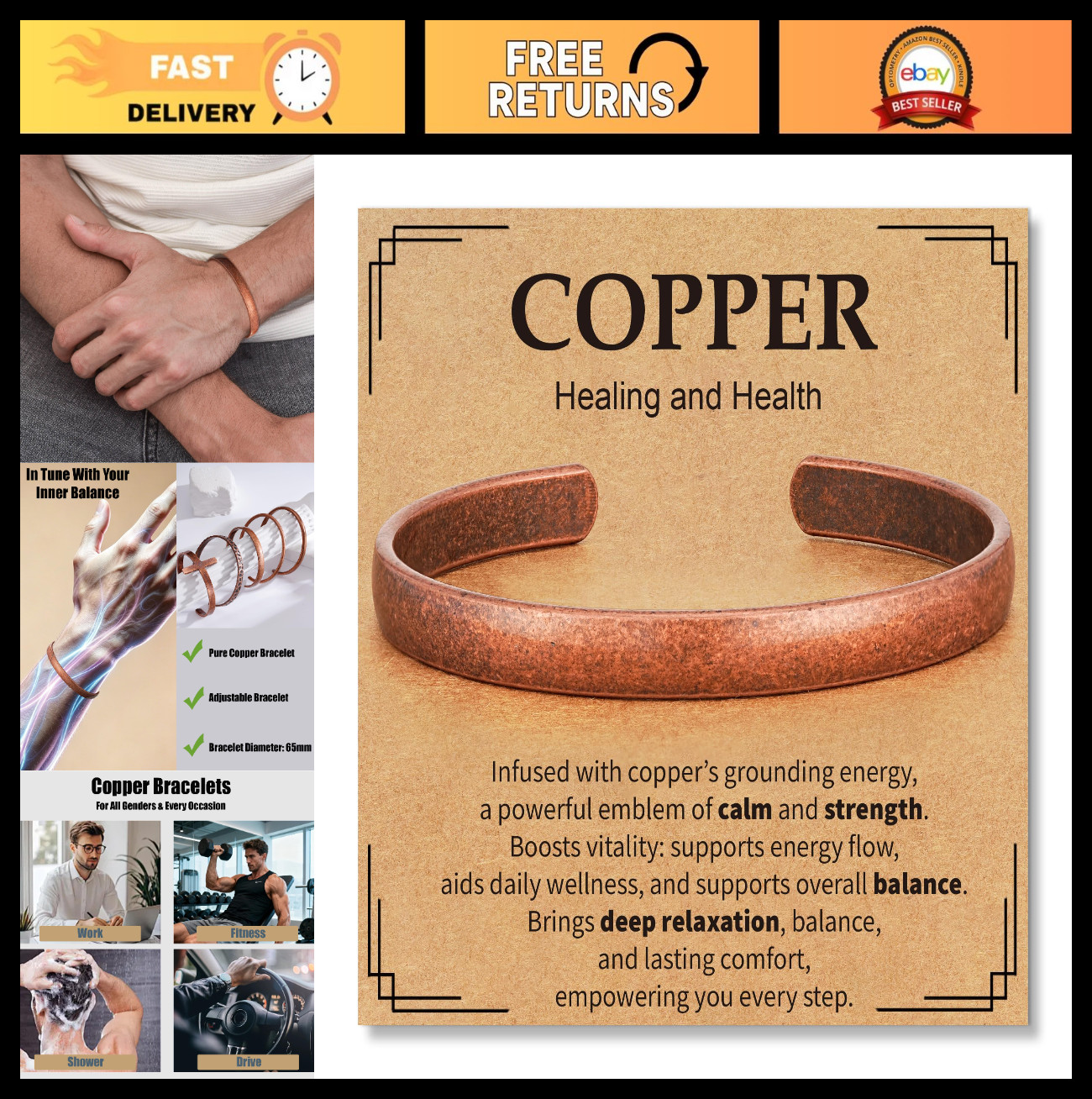 Adjustable Pure Copper Cuff Bracelet for Men & Women – Waterproof Healing Bangle