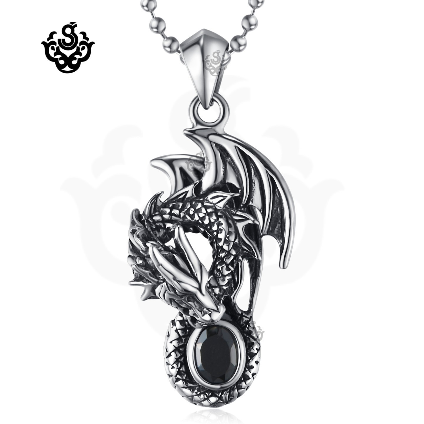 Silver Gothic Dragon Pendant Necklace Black Crystal Stainless Steel 60cm Chain