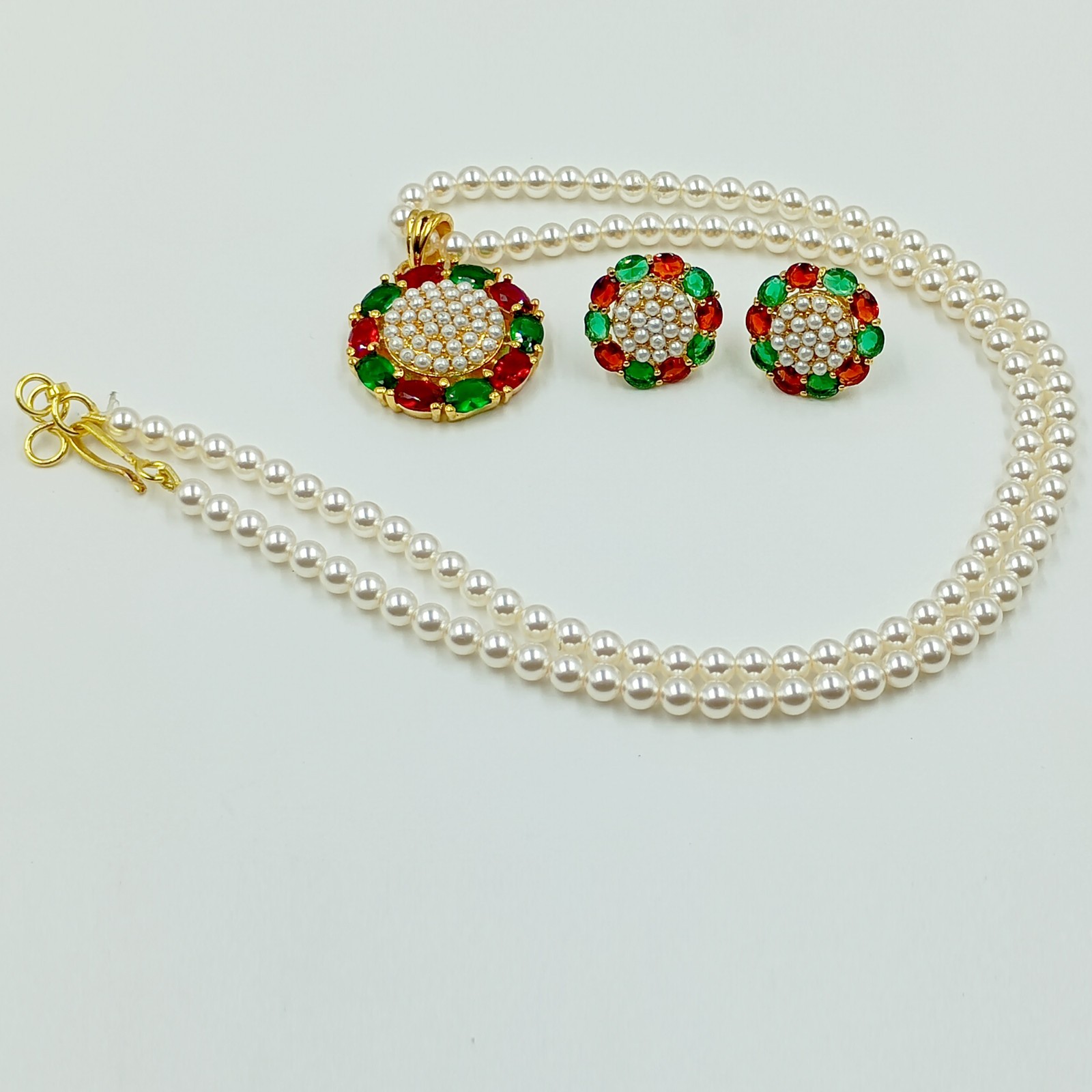 Ruby Emerald Pearl Pendant Studs 22k Gold Plated South Indian Wedding Bridal