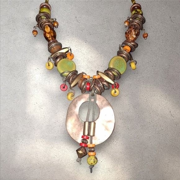 Chunky ceramic beaded artsy bohemian necklace neutral tones rustic statement